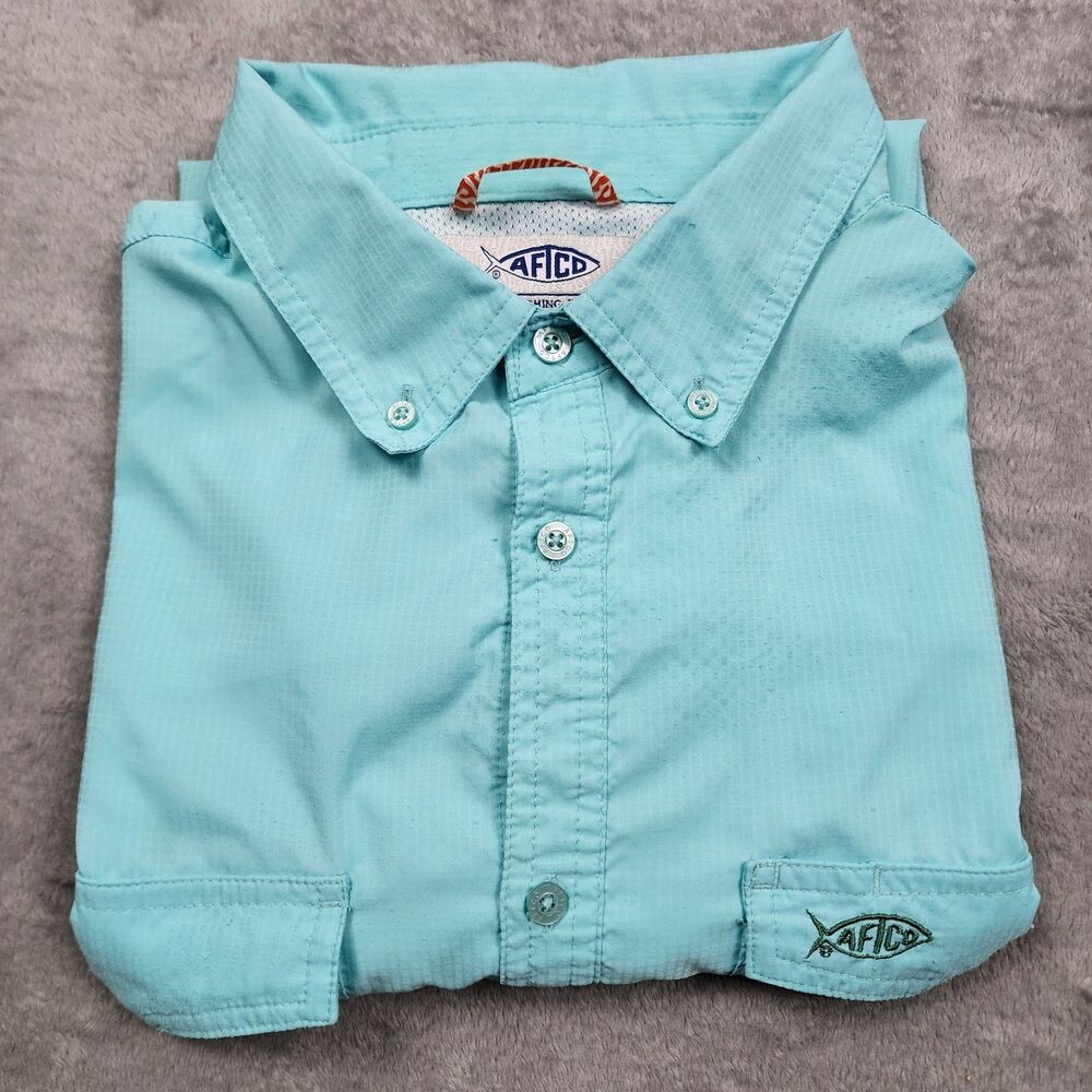 AFTCO Men's XL Short Sleeve Button-Up Shirt Light Blue Fishing Outdoor Casual